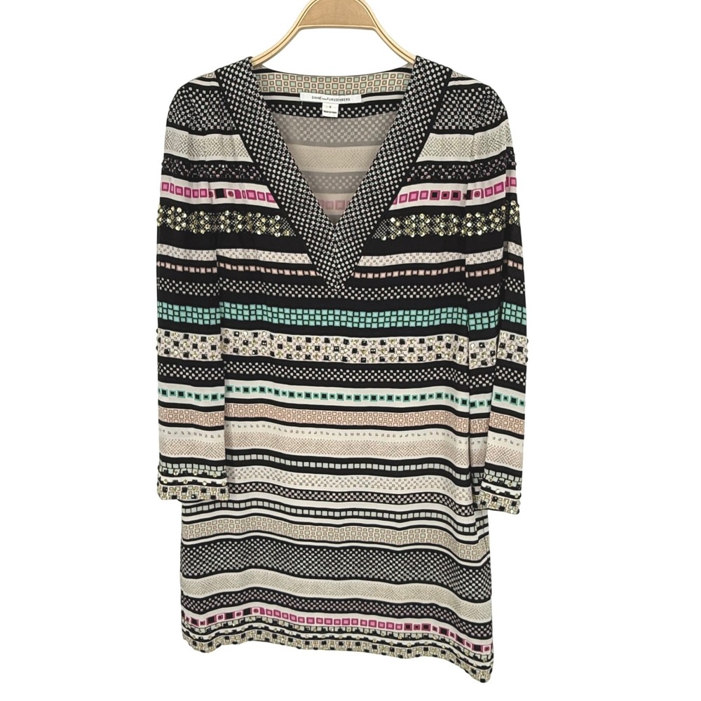 Diane von Furstenberg Ruby Dress Womens 6 Multi Excellent Silk Beaded Geometric